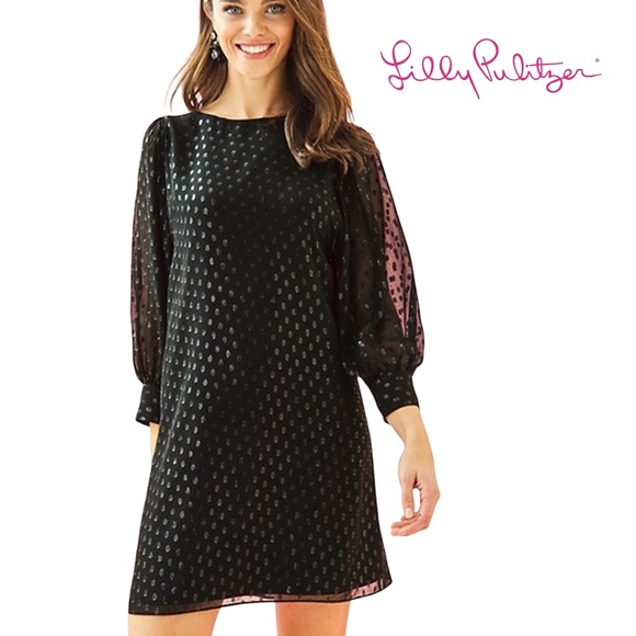 Lilly Pulitzer Silk Maisel Dress Silver Metallic Sparkle Dotted Blouson Sleeve - Picture 2 of 16